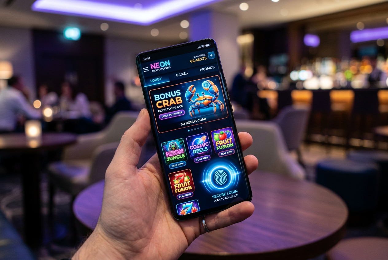 A high-tech smartphone displaying a modern casino app interface with biometric login and neon graphics.
