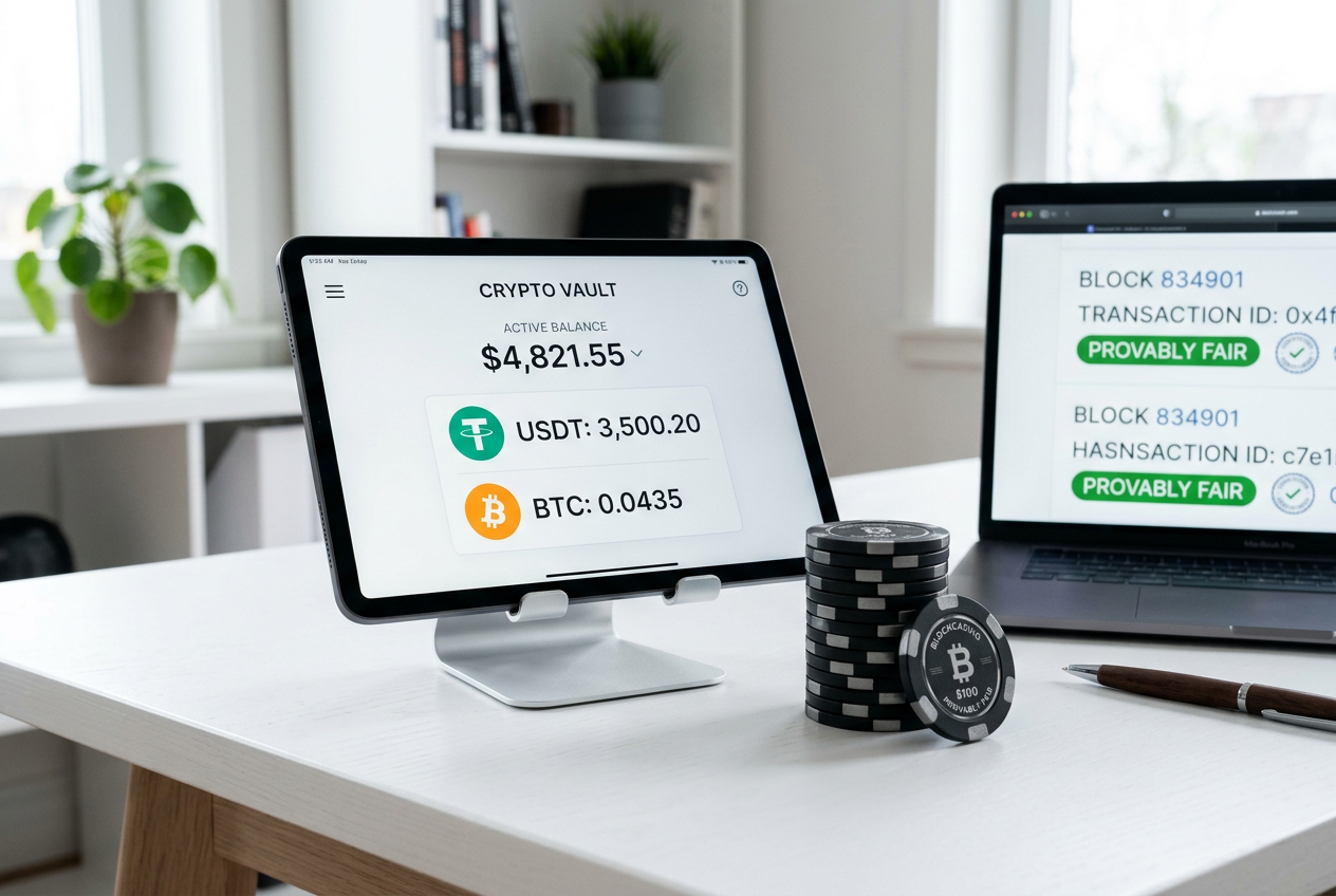 A professional setup showing a tablet with cryptocurrency wallet icons and casino chips on a clean desk.