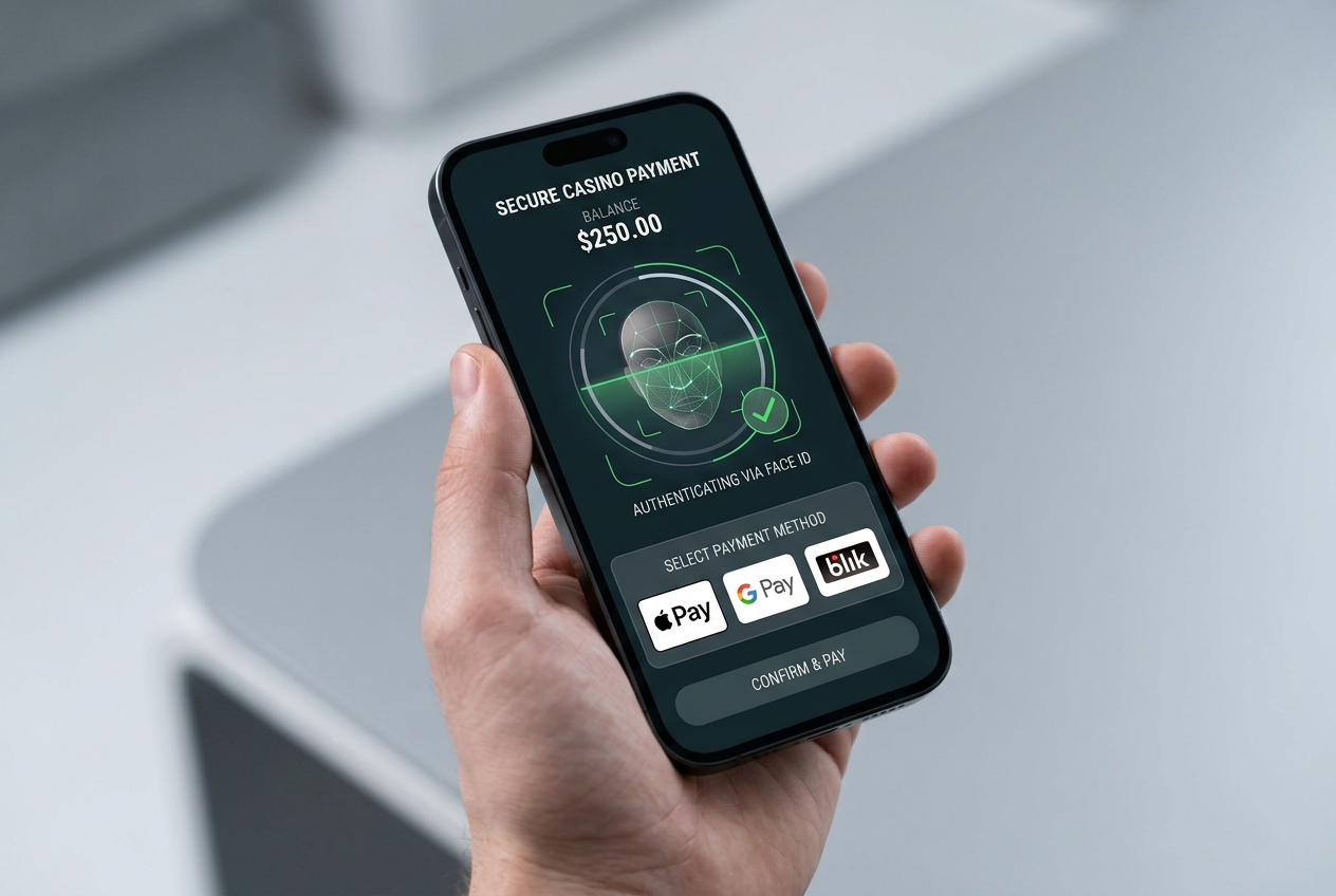 High-end smartphone screen showing biometric authentication for a casino payment.