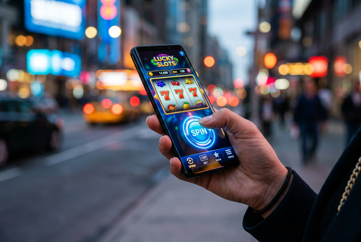Person using a smartphone casino app with one hand in a city setting.
